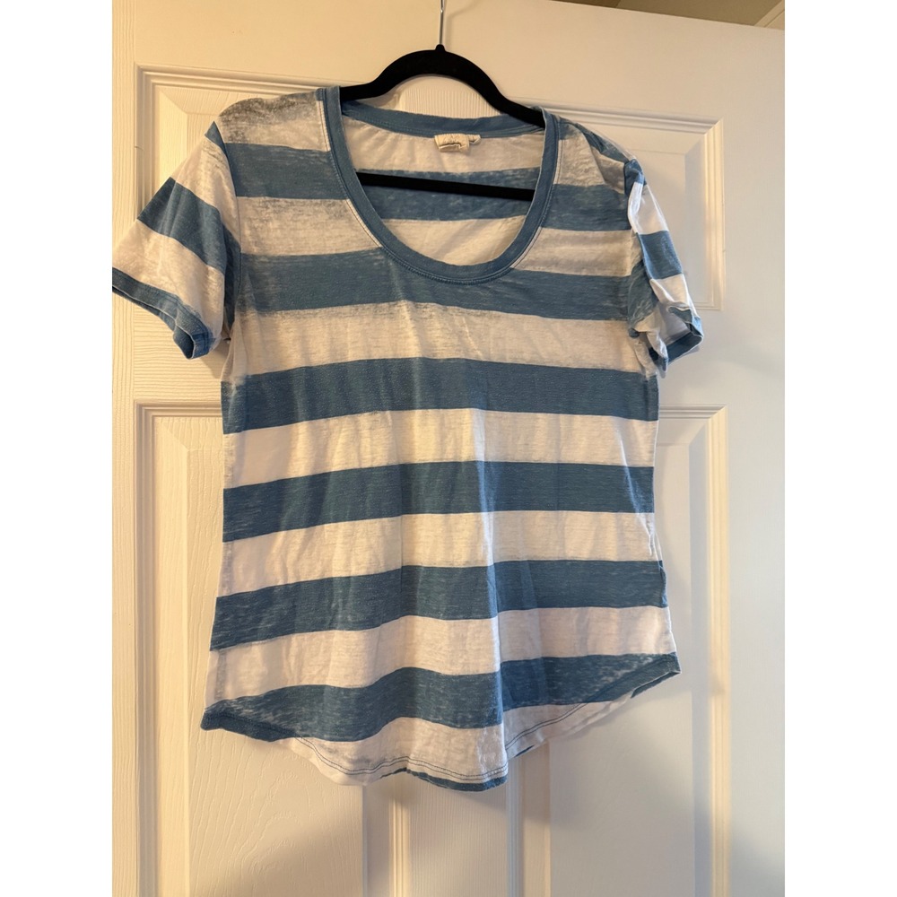 White Crow Blue White Striped Scoop Neck Short Sleeve T-Shirt Curved Hem Large